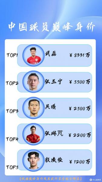 国足球员身价排名，中国足球国家队身价